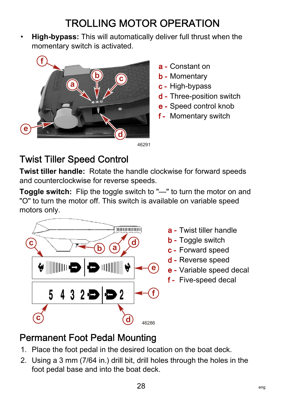 Twist tiller speed control, Permanent foot pedal mounting, Trolling motor operation | MotorGuide Saltwater User Manual | Page 32 / 41