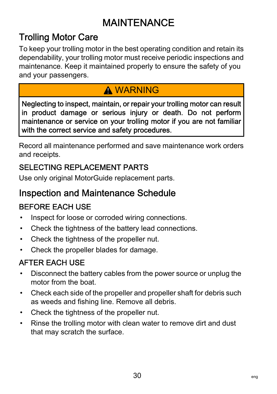 Maintenance, Trolling motor care, Inspection and maintenance schedule | Warning | MotorGuide Saltwater User Manual | Page 34 / 41