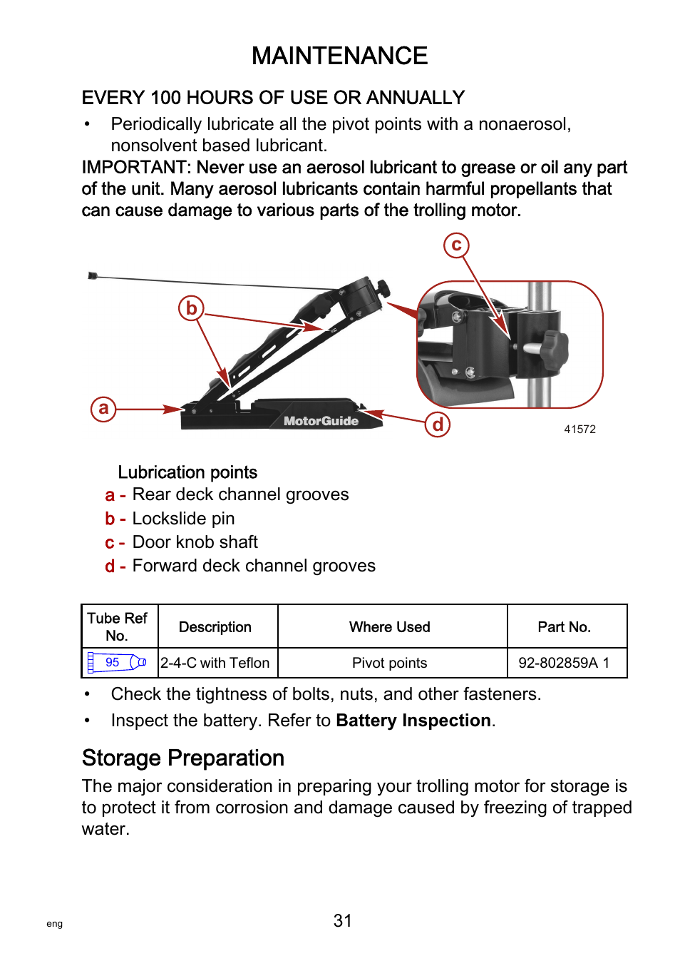 Storage preparation, Maintenance, Cd a | MotorGuide Saltwater User Manual | Page 35 / 41