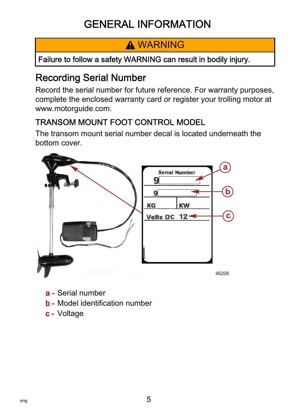 Recording serial number, General information, Warning | MotorGuide Saltwater User Manual | Page 9 / 41