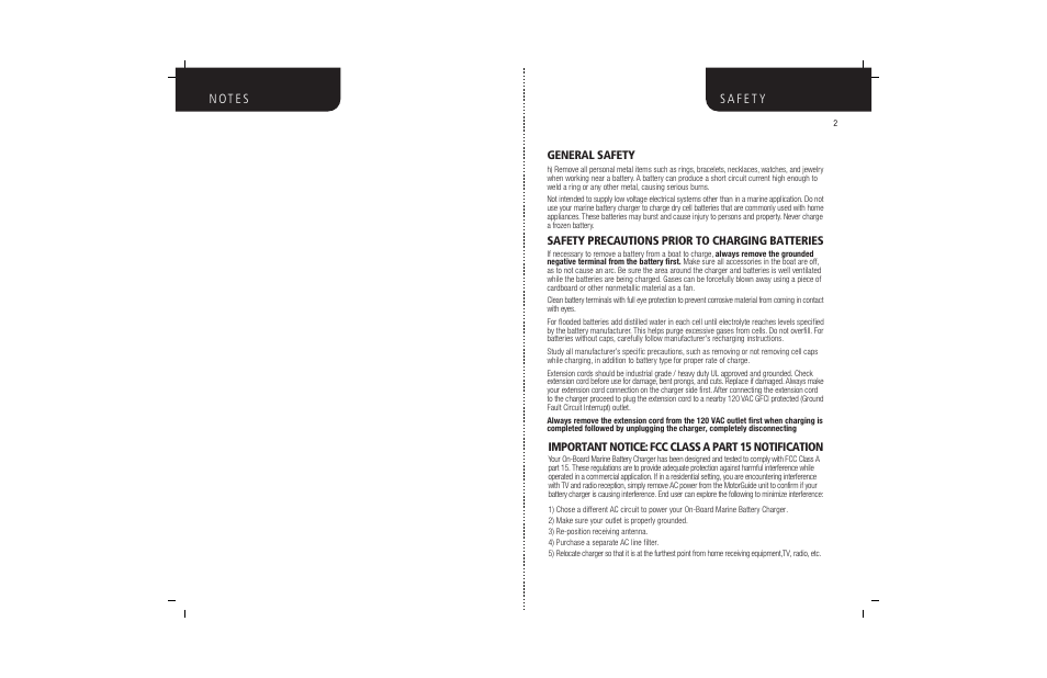 Safety precautions prior to charging batteries, Important notice: fcc class a part 15 notification, General safety | MotorGuide BATTERY CHARGERS User Manual | Page 4 / 11