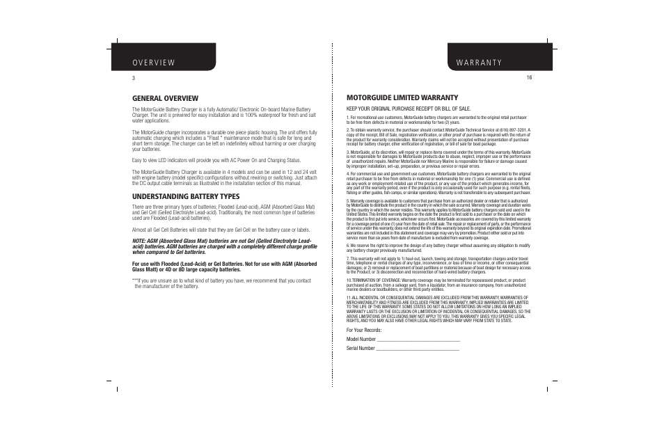 Motorguide limited warranty, General overview, Understanding battery types | MotorGuide BATTERY CHARGERS User Manual | Page 5 / 11