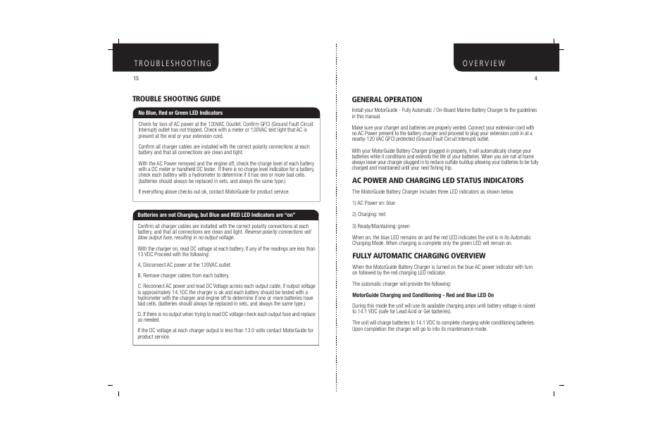 Fully automatic charging overview, Ac power and charging led status indicators, General operation | Trouble shooting guide | MotorGuide BATTERY CHARGERS User Manual | Page 6 / 11