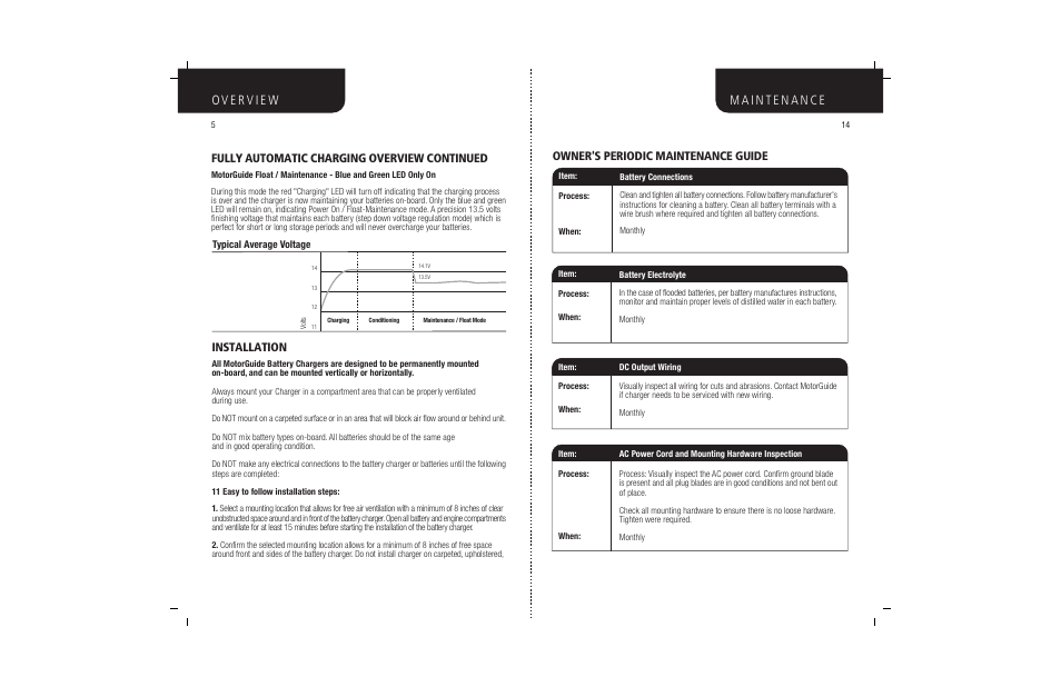 Installation, Fully automatic charging overview continued, Owner's periodic maintenance guide | MotorGuide BATTERY CHARGERS User Manual | Page 7 / 11