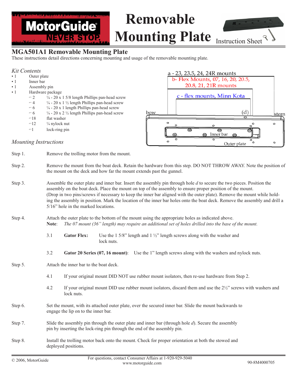 MotorGuide Removable Mounting Plate User Manual | 1 page