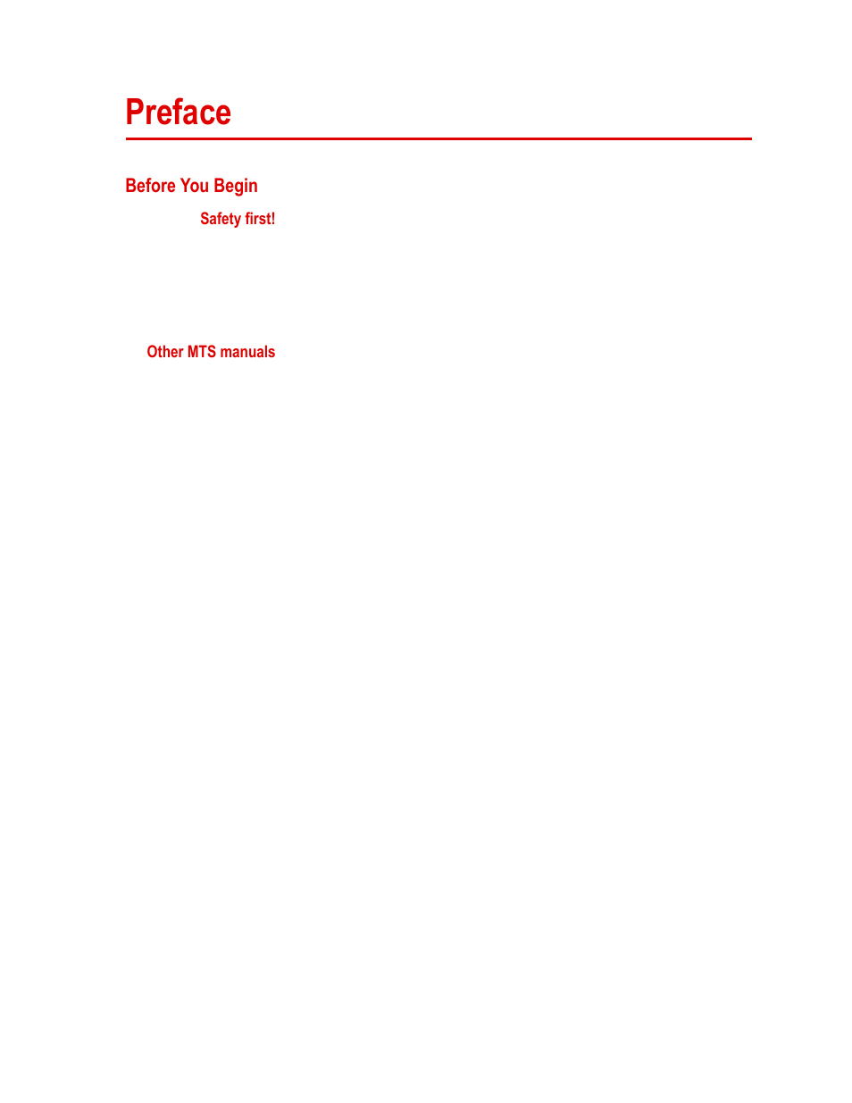 Preface, Before you begin, Safety first | Other mts manuals, Preface 9, Before you begin 9 | MTS Series 249G2 Swivels User Manual | Page 9 / 34