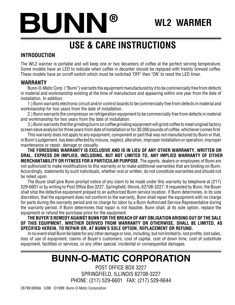 Bunn WL2 User Manual | 2 pages