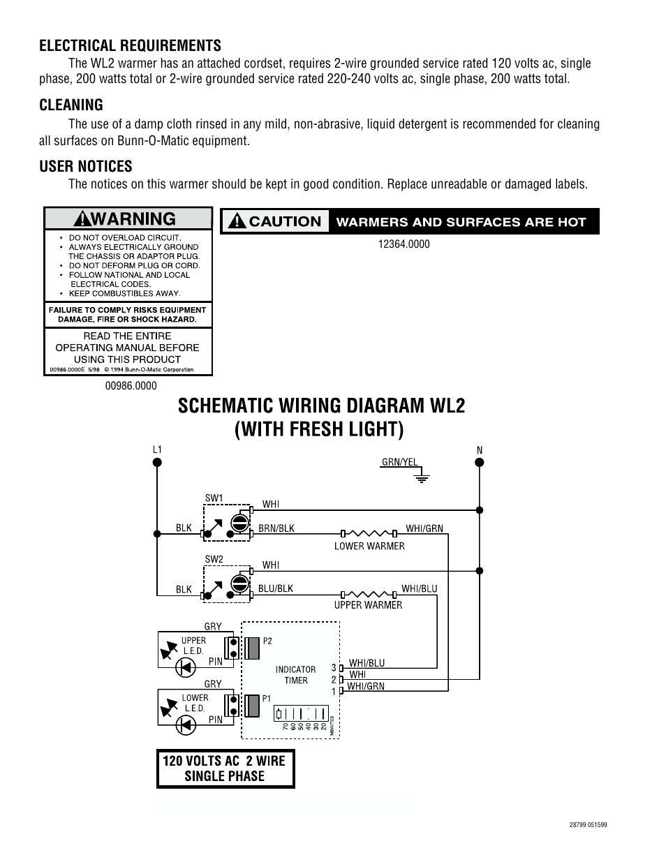 Electrical requirements, Cleaning, User notices | Bunn WL2 User Manual | Page 2 / 2