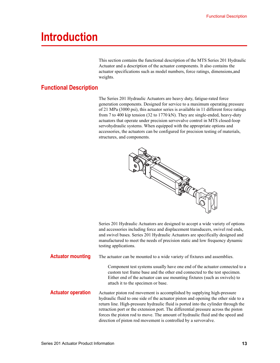 Introduction, Functional description, Introduction 13 | Functional description 13 | MTS Series 201 Actuators User Manual | Page 13 / 40