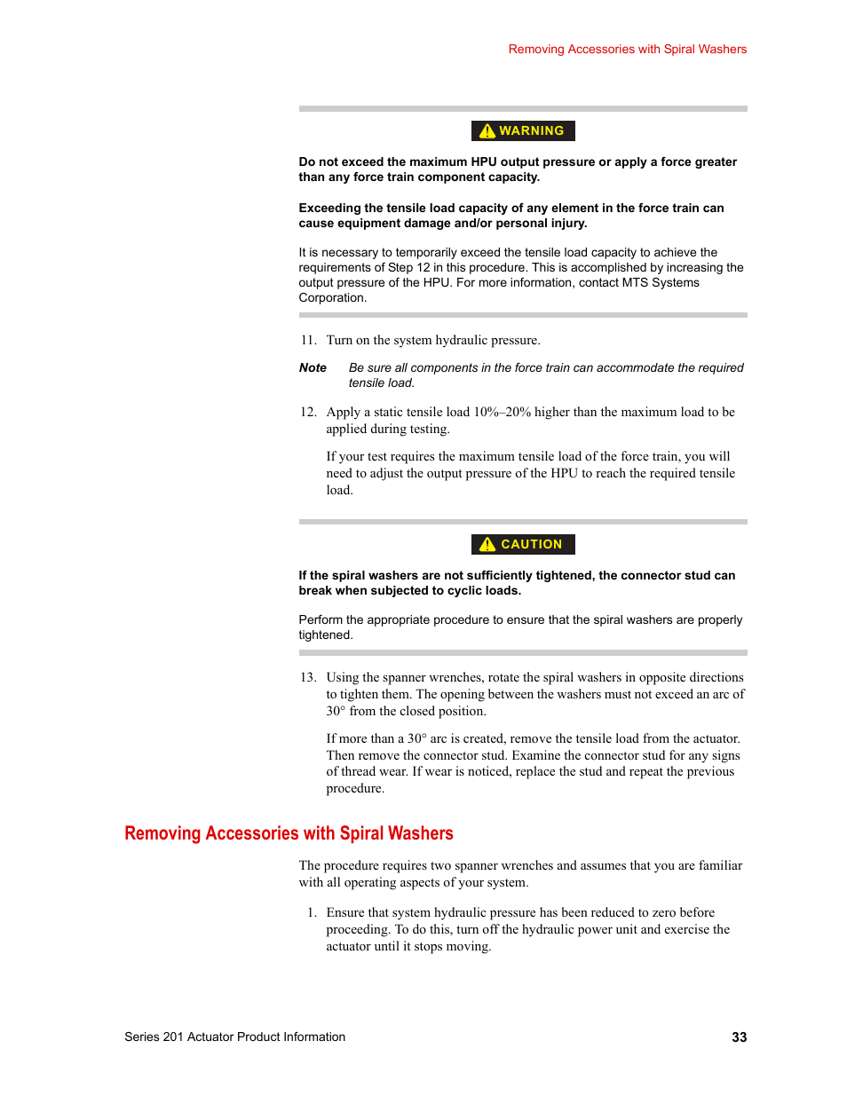 Removing accessories with spiral washers, Removing accessories with spiral washers 33 | MTS Series 201 Actuators User Manual | Page 33 / 40