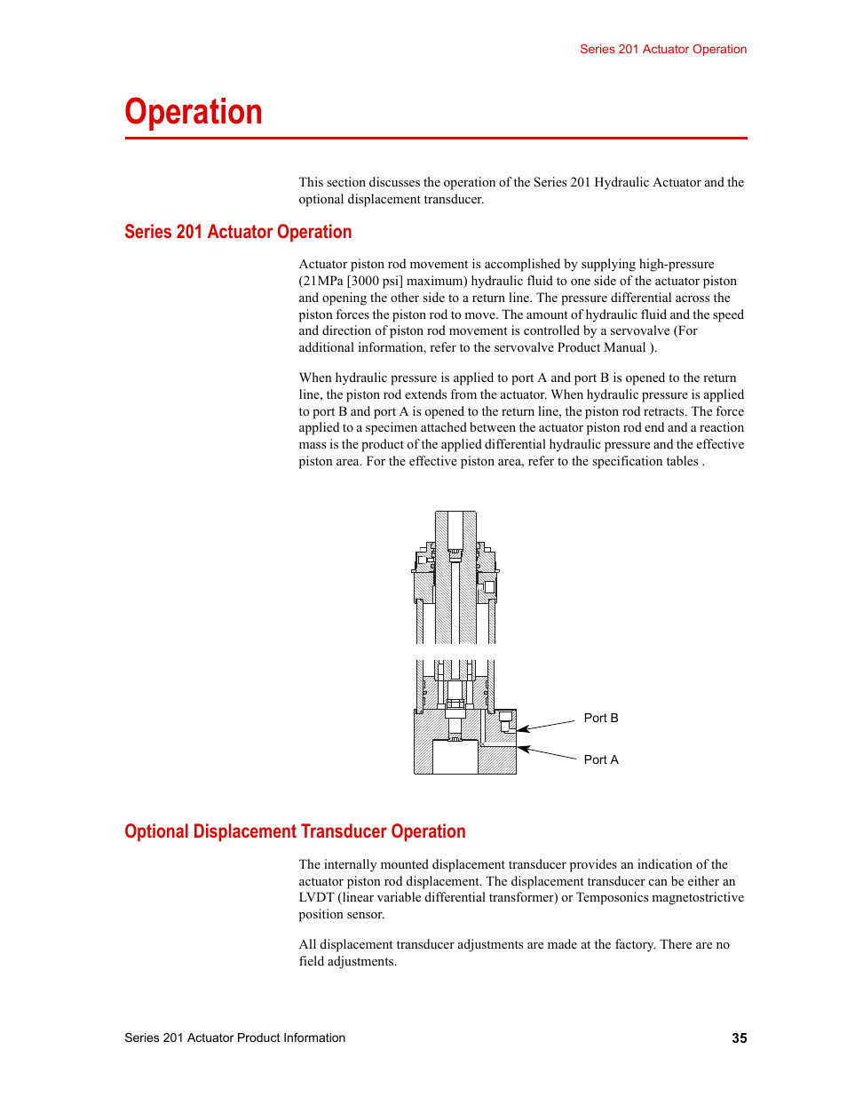 Operation, Series 201 actuator operation, Optional displacement transducer operation | Operation 35 | MTS Series 201 Actuators User Manual | Page 35 / 40