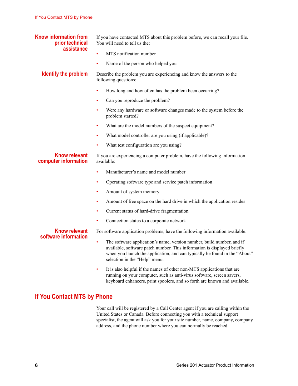 If you contact mts by phone, If you contact mts by phone 6 | MTS Series 201 Actuators User Manual | Page 6 / 40