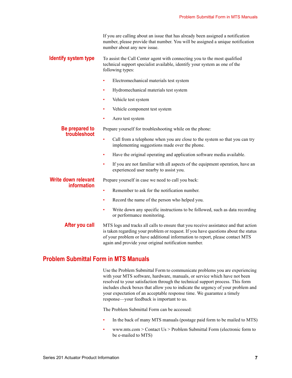 Problem submittal form in mts manuals, Problem submittal form in mts manuals 7 | MTS Series 201 Actuators User Manual | Page 7 / 40