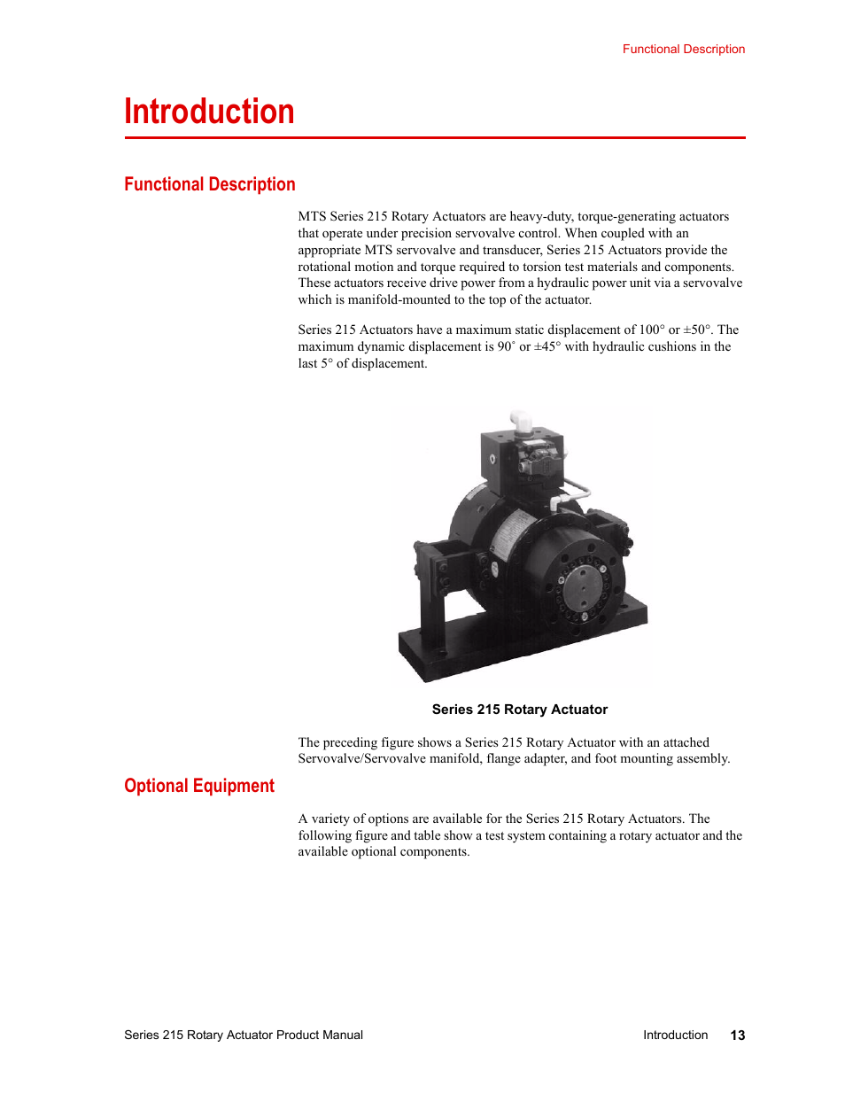 Introduction, Functional description, Optional equipment | Introduction 13, Functional description 13 optional equipment 13 | MTS Series 215 Rotary Actuator User Manual | Page 13 / 68