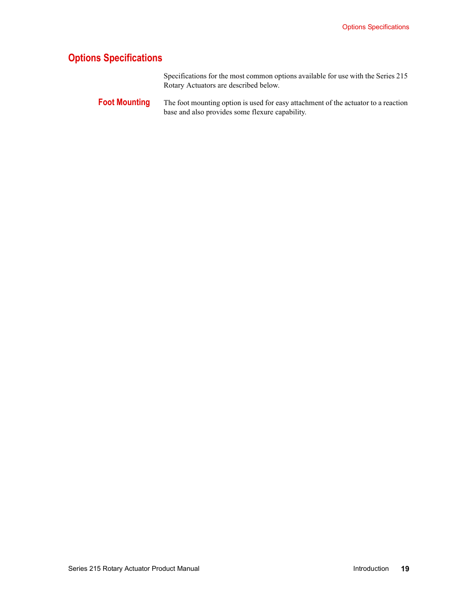 Options specifications, Foot mounting, Options specifications 19 | MTS Series 215 Rotary Actuator User Manual | Page 19 / 68
