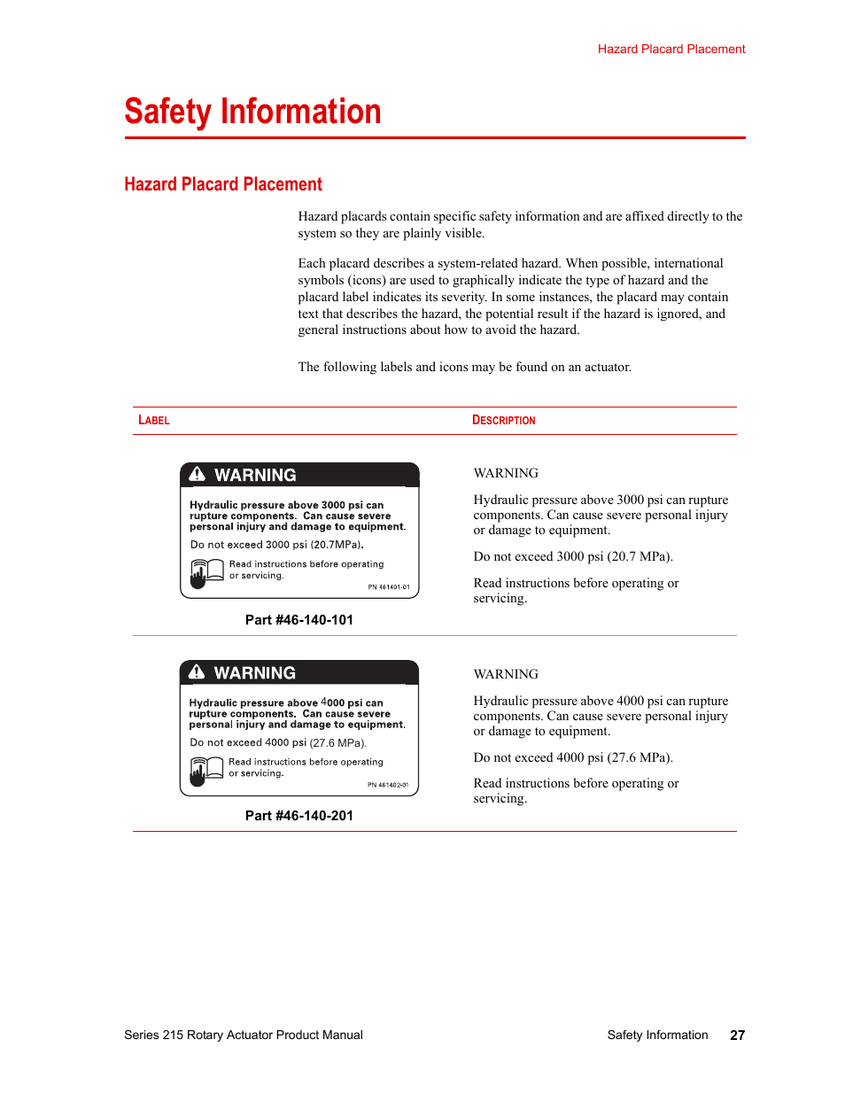 Safety information, Hazard placard placement, Safety information 27 | Hazard placard placement 27 | MTS Series 215 Rotary Actuator User Manual | Page 27 / 68