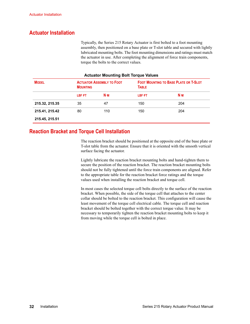 Actuator installation, Reaction bracket and torque cell installation | MTS Series 215 Rotary Actuator User Manual | Page 32 / 68