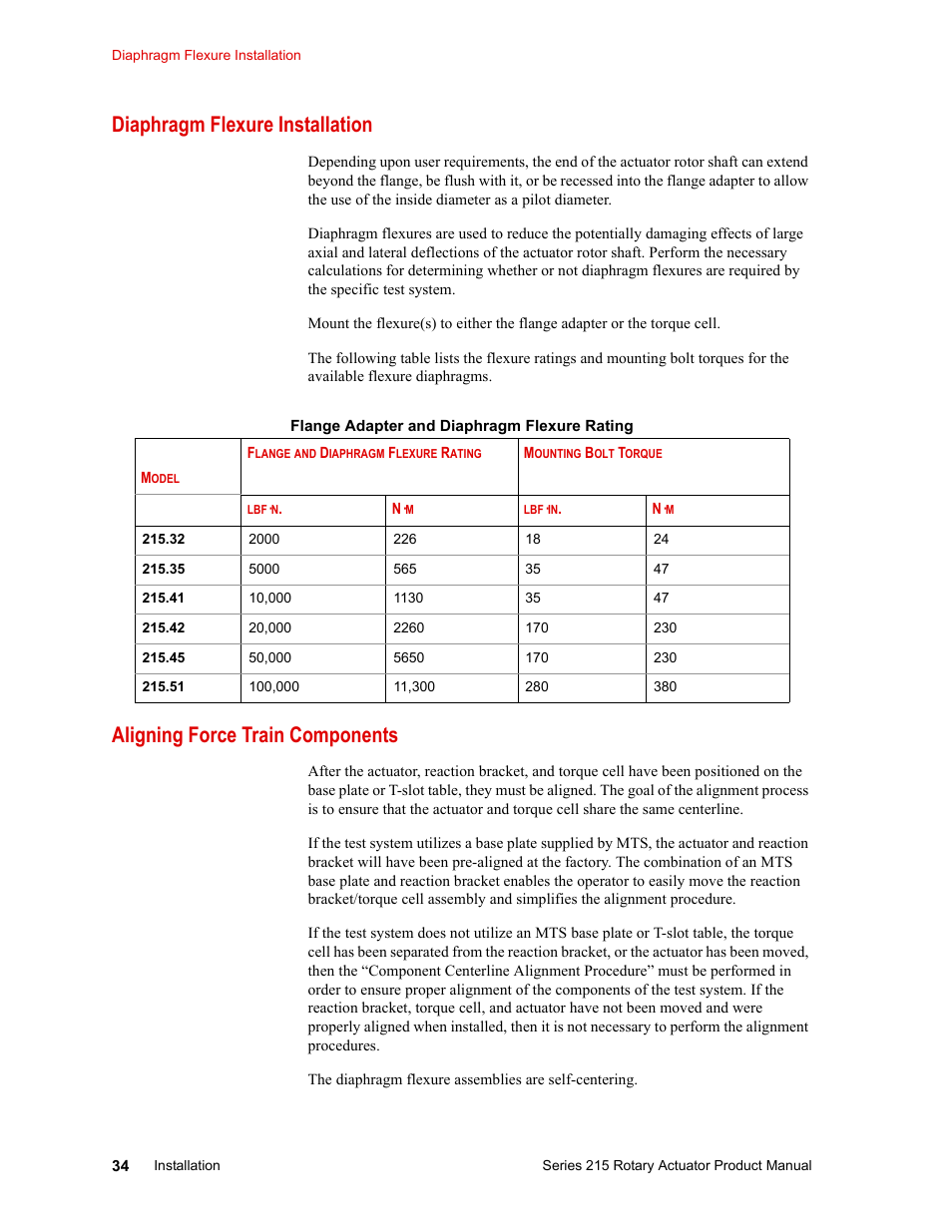 Diaphragm flexure installation, Aligning force train components | MTS Series 215 Rotary Actuator User Manual | Page 34 / 68