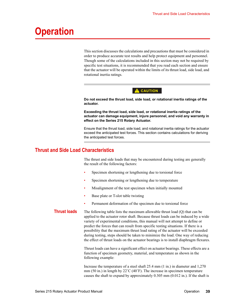 Operation, Thrust and side load characteristics, Thrust loads | Operation 39, Thrust and side load characteristics 39 | MTS Series 215 Rotary Actuator User Manual | Page 39 / 68