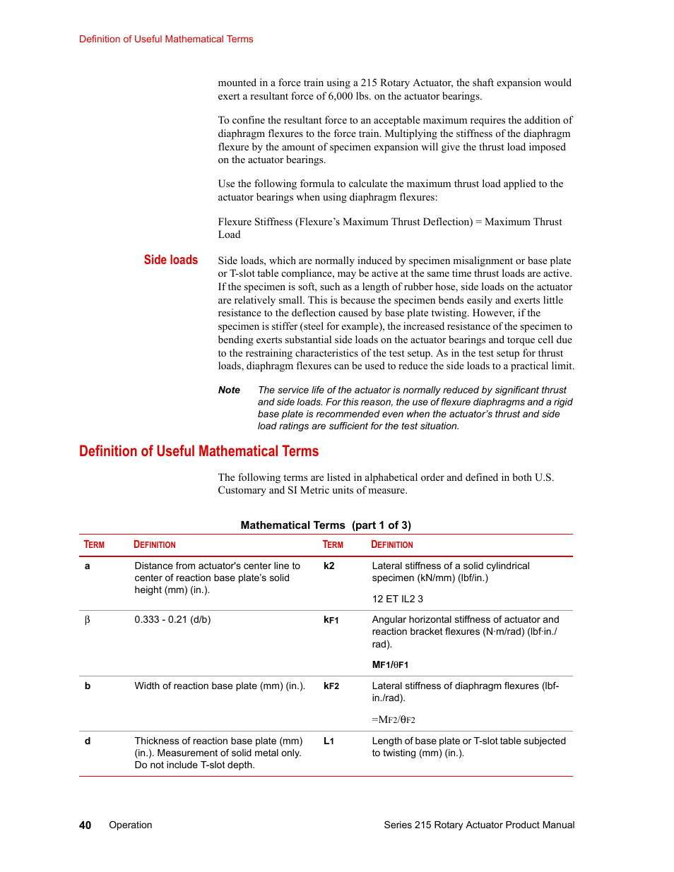 Side loads, Definition of useful mathematical terms, Definition of useful mathematical terms 40 | MTS Series 215 Rotary Actuator User Manual | Page 40 / 68