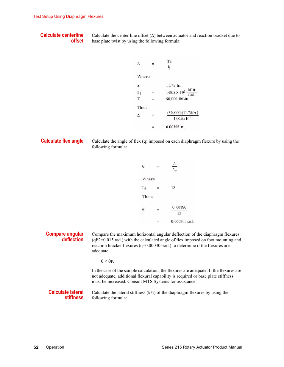 Calculate centerline offset, Calculate flex angle, Compare angular deflection | Calculate lateral stiffness | MTS Series 215 Rotary Actuator User Manual | Page 52 / 68