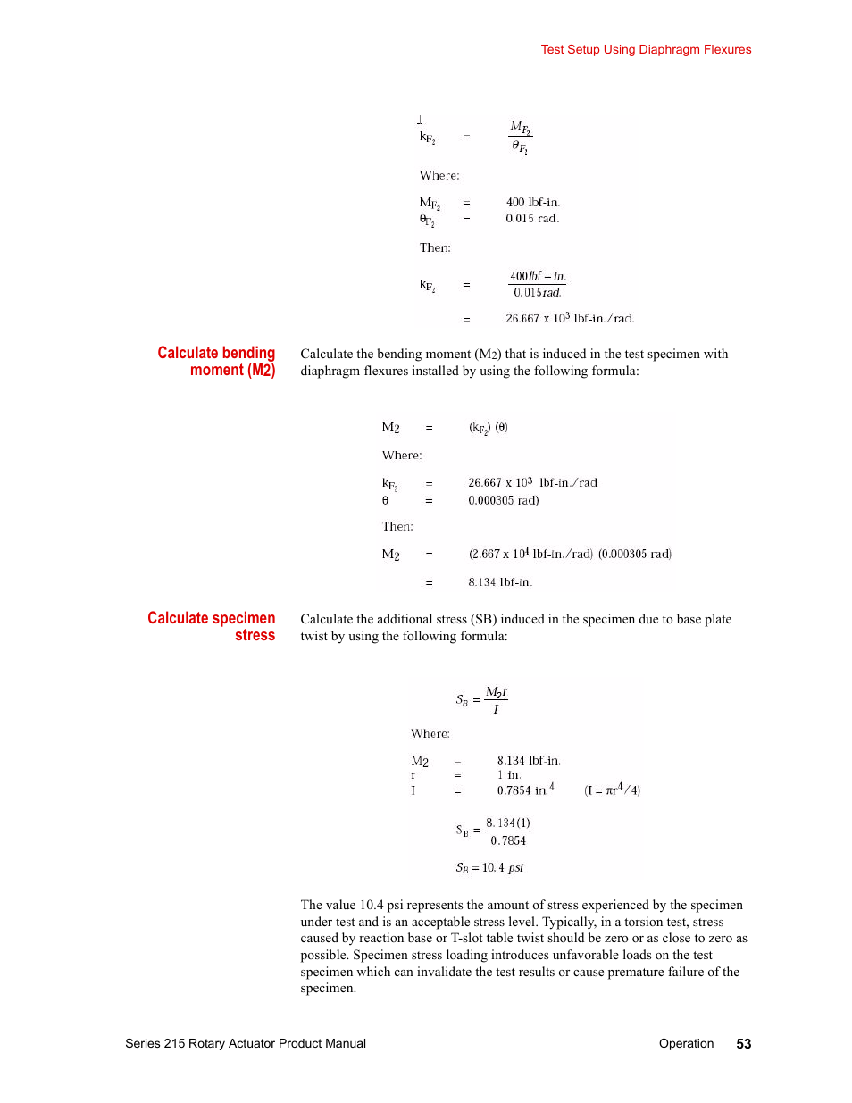 Calculate bending moment (m2), Calculate specimen stress | MTS Series 215 Rotary Actuator User Manual | Page 53 / 68