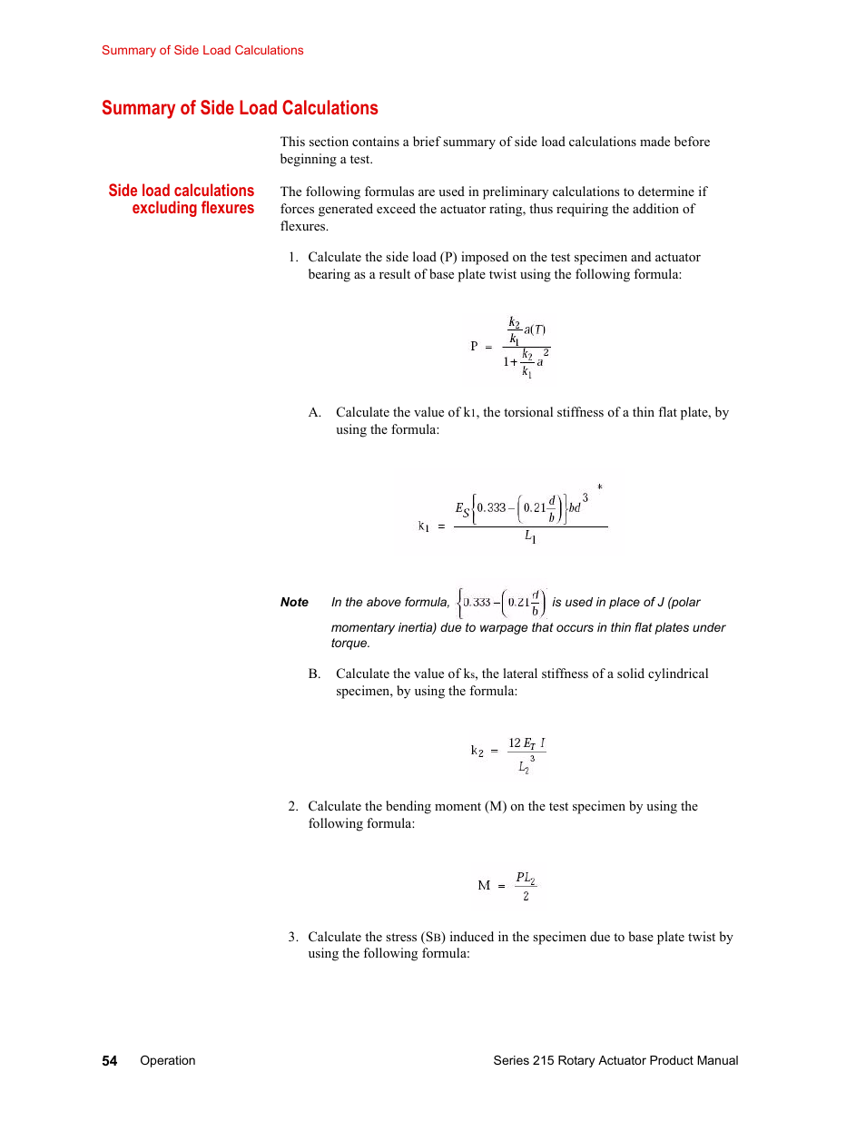 Summary of side load calculations, Side load calculations excluding flexures, Summary of side load calculations 54 | MTS Series 215 Rotary Actuator User Manual | Page 54 / 68
