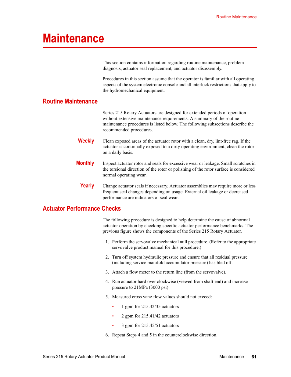 Maintenance, Routine maintenance, Weekly | Monthly, Yearly, Actuator performance checks, Maintenance 61 | MTS Series 215 Rotary Actuator User Manual | Page 61 / 68