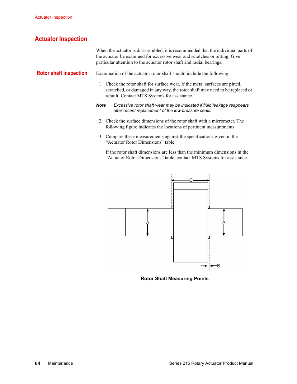 Actuator inspection, Rotor shaft inspection, Actuator inspection 64 | MTS Series 215 Rotary Actuator User Manual | Page 64 / 68