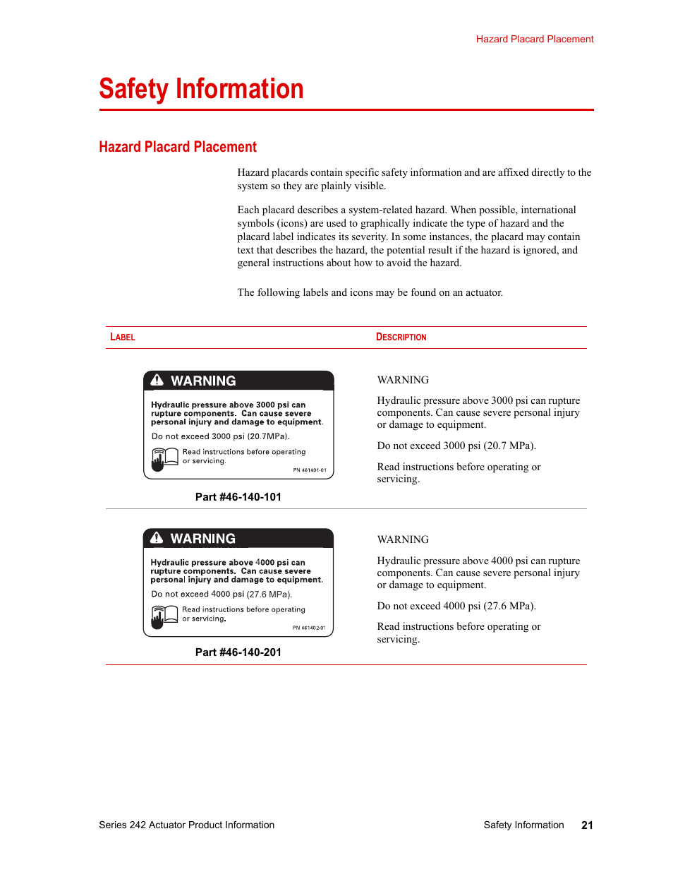 Safety information, Hazard placard placement, Safety information 21 | Hazard placard placement 21 | MTS Series 242 Actuators User Manual | Page 21 / 40