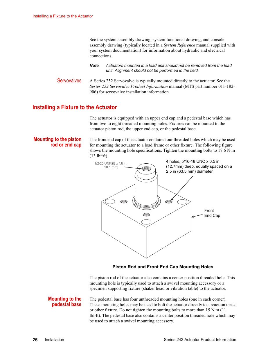 Installing a fixture to the actuator, Installing a fixture to the actuator 26 | MTS Series 242 Actuators User Manual | Page 26 / 40