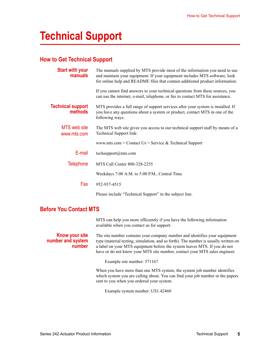 Technical support, How to get technical support, Before you contact mts | Technical support 5 | MTS Series 242 Actuators User Manual | Page 5 / 40