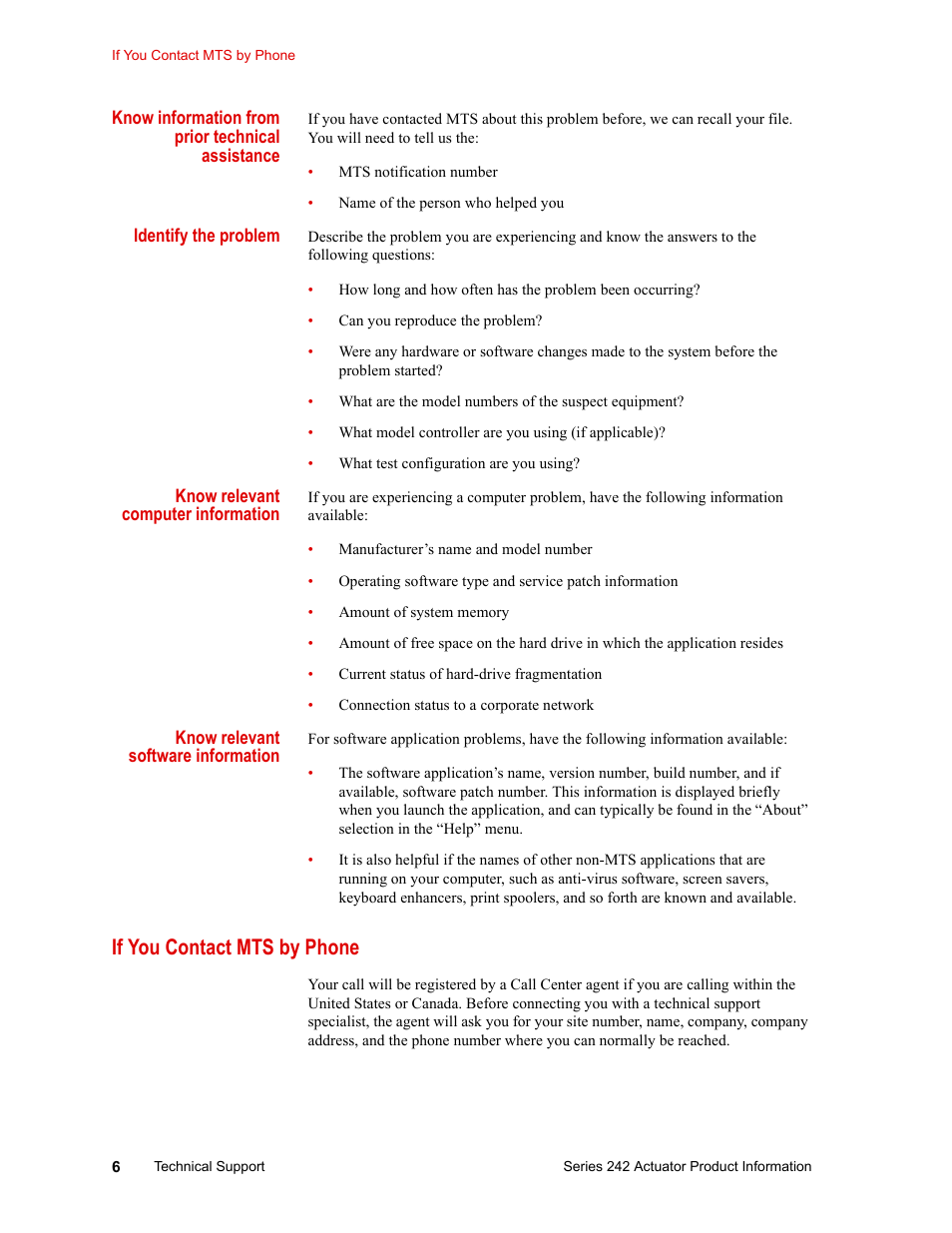 If you contact mts by phone, If you contact mts by phone 6 | MTS Series 242 Actuators User Manual | Page 6 / 40