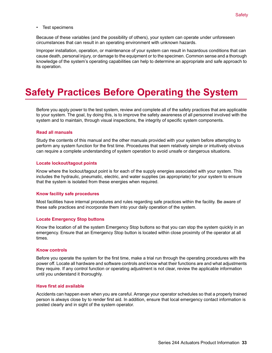 Safety practices before operating the system | MTS Series 244 Actuators User Manual | Page 33 / 68