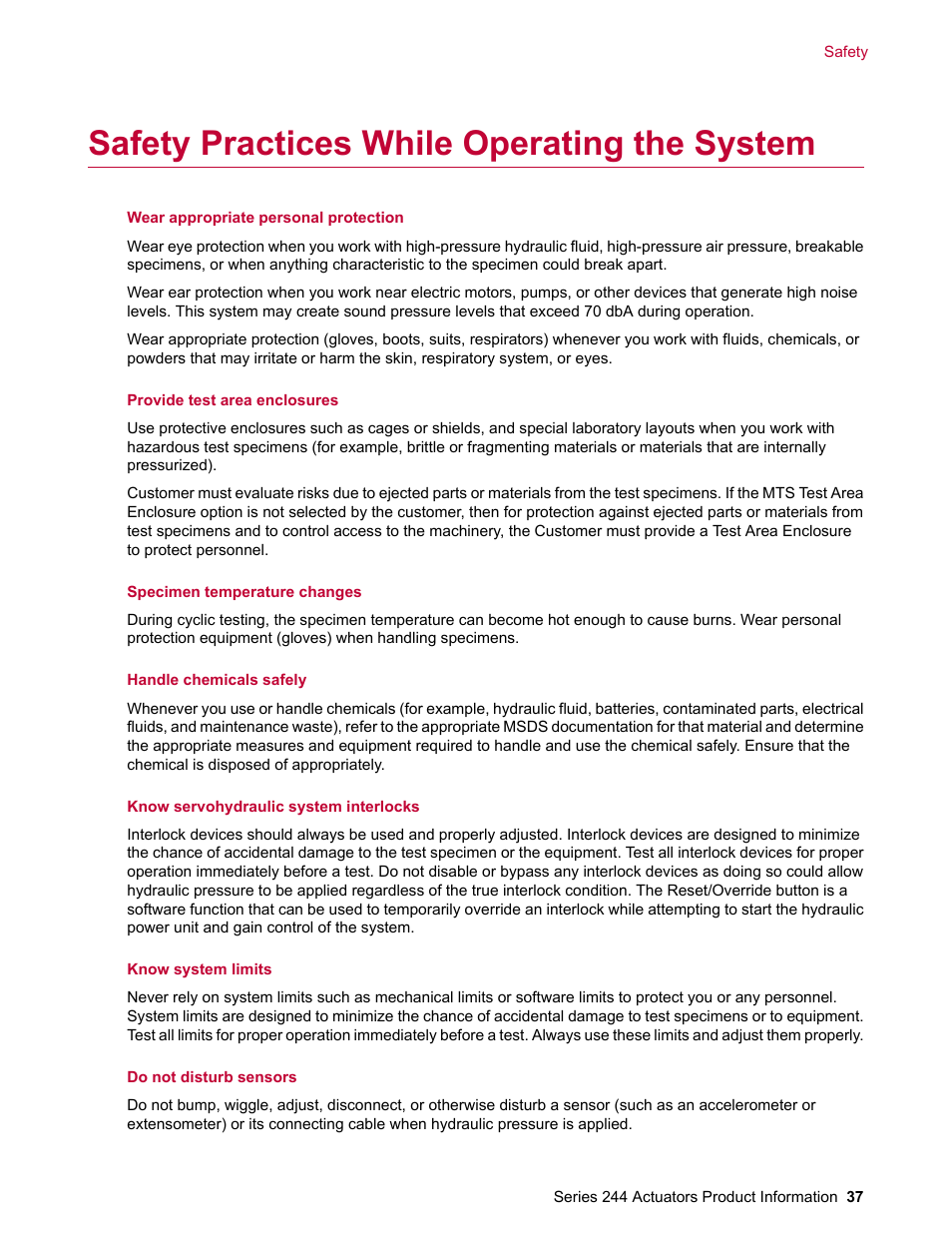 Safety practices while operating the system | MTS Series 244 Actuators User Manual | Page 37 / 68