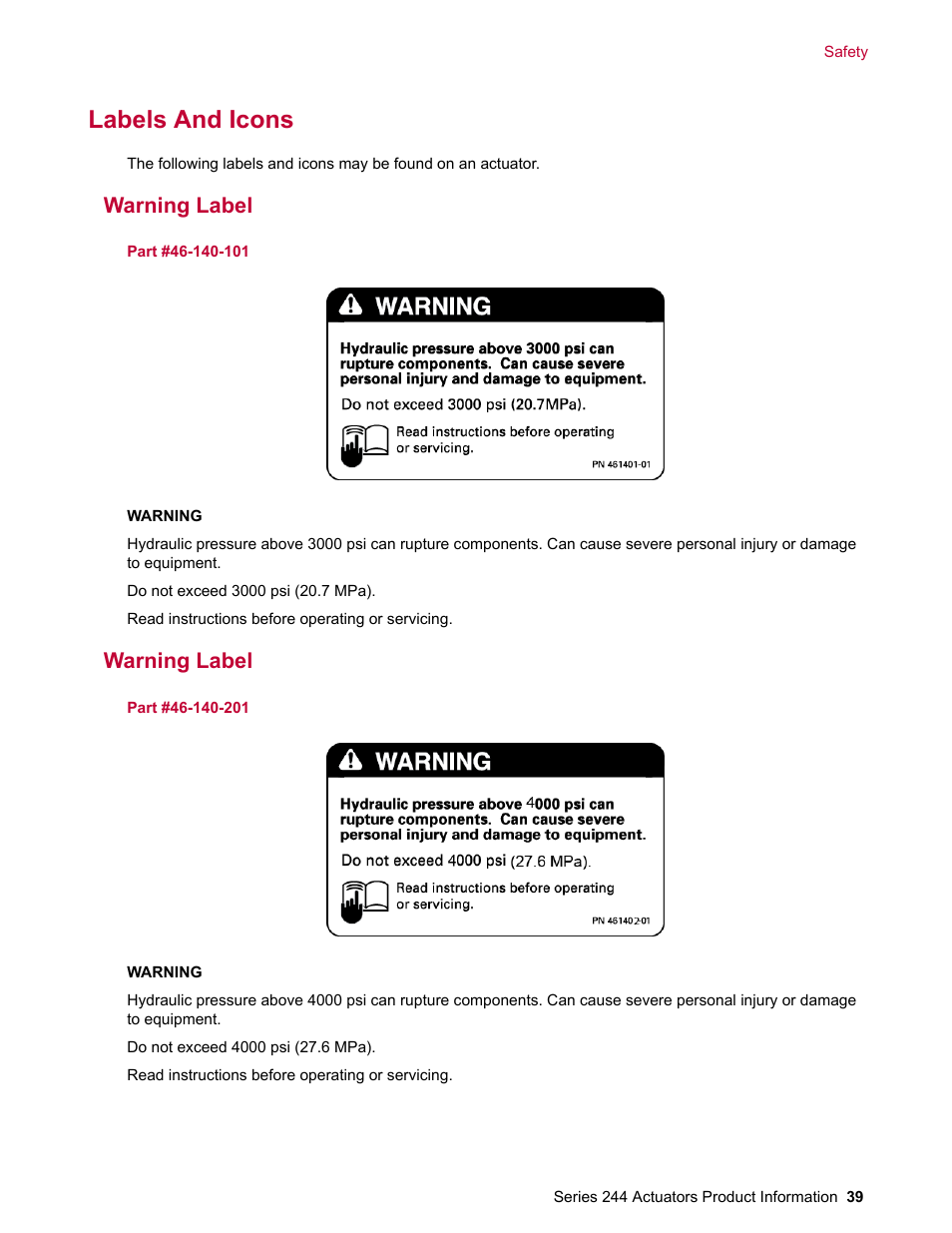 Labels and icons, Warning label | MTS Series 244 Actuators User Manual | Page 39 / 68