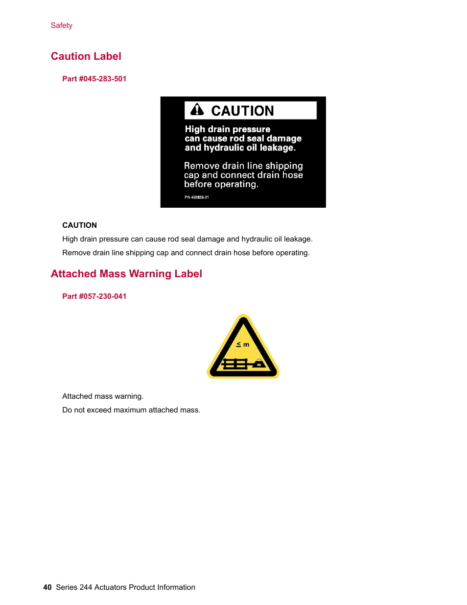 Caution label, Attached mass warning label | MTS Series 244 Actuators User Manual | Page 40 / 68