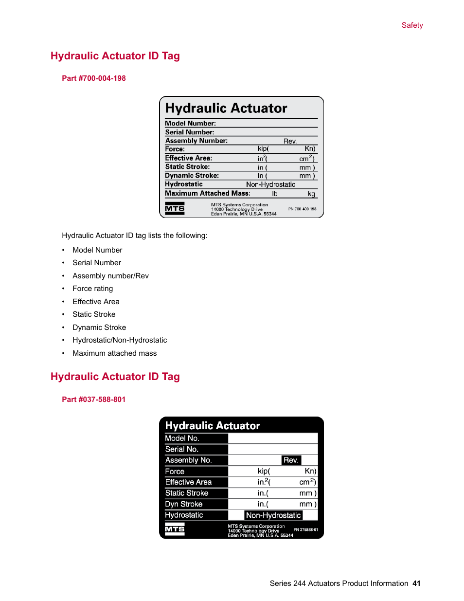 Hydraulic actuator id tag | MTS Series 244 Actuators User Manual | Page 41 / 68