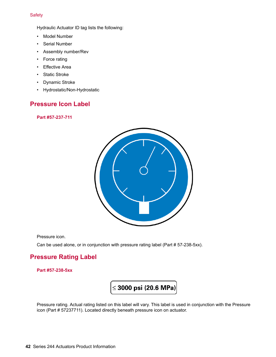 Pressure icon label, Pressure rating label | MTS Series 244 Actuators User Manual | Page 42 / 68