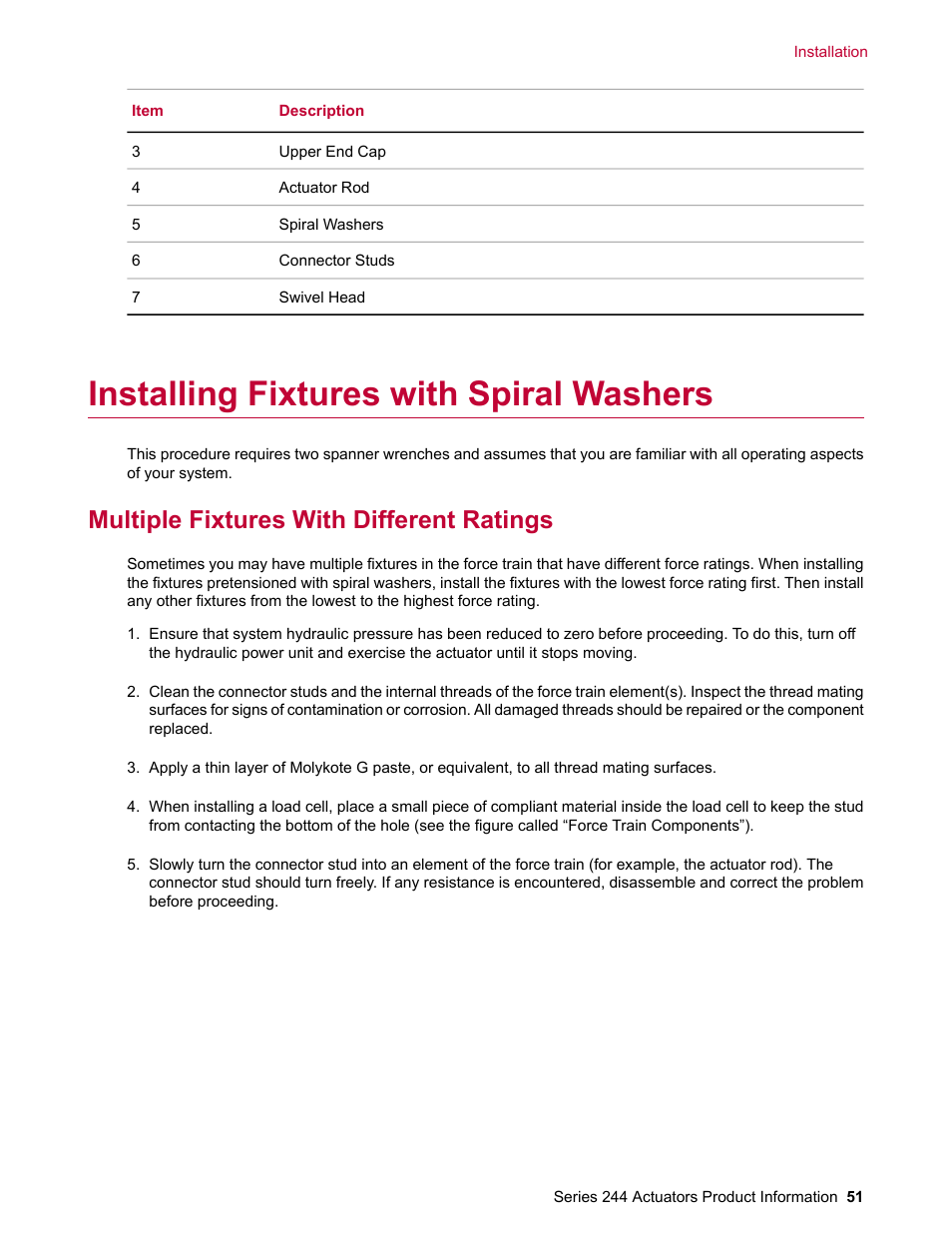 Installing fixtures with spiral washers, Multiple fixtures with different ratings | MTS Series 244 Actuators User Manual | Page 51 / 68