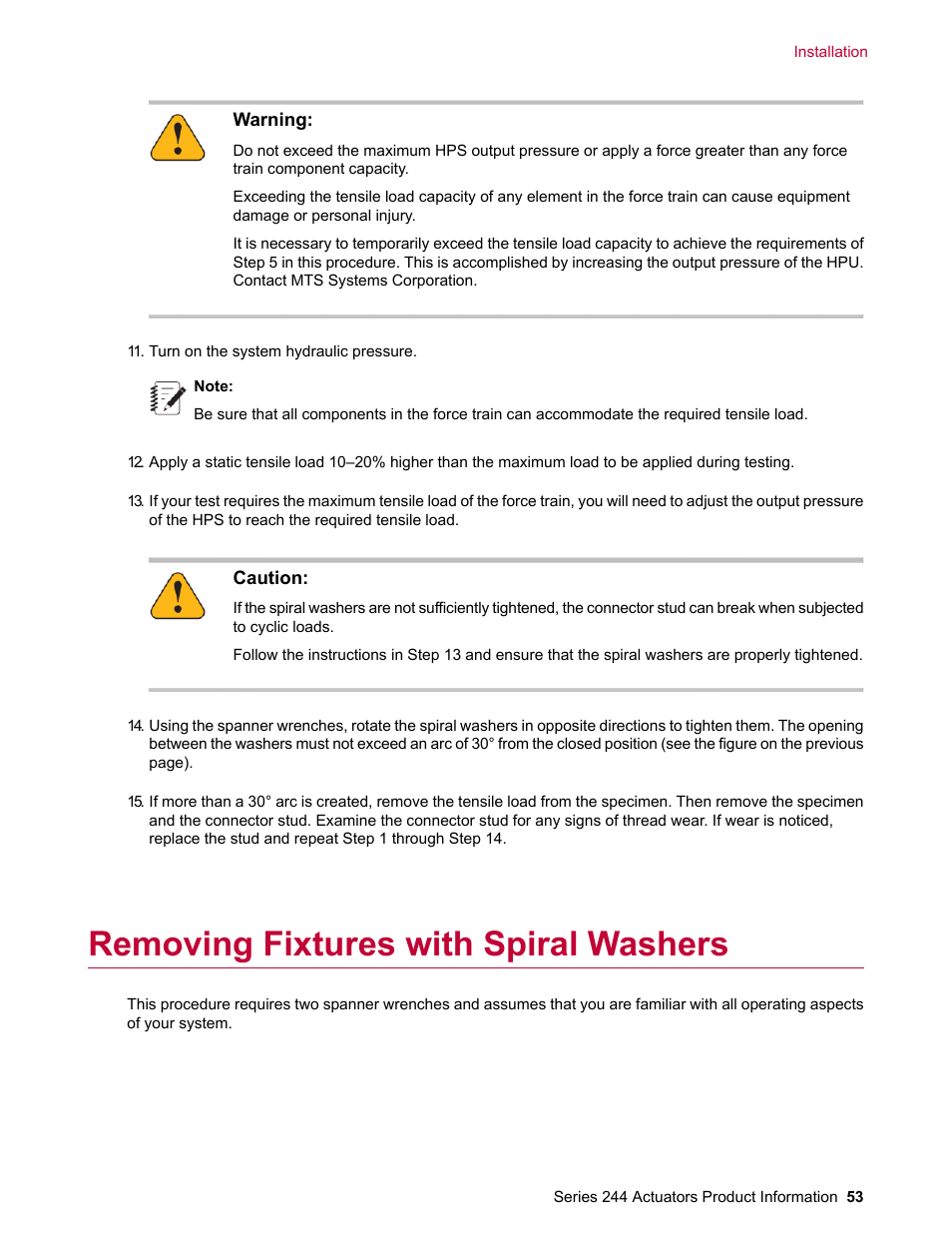 Removing fixtures with spiral washers | MTS Series 244 Actuators User Manual | Page 53 / 68