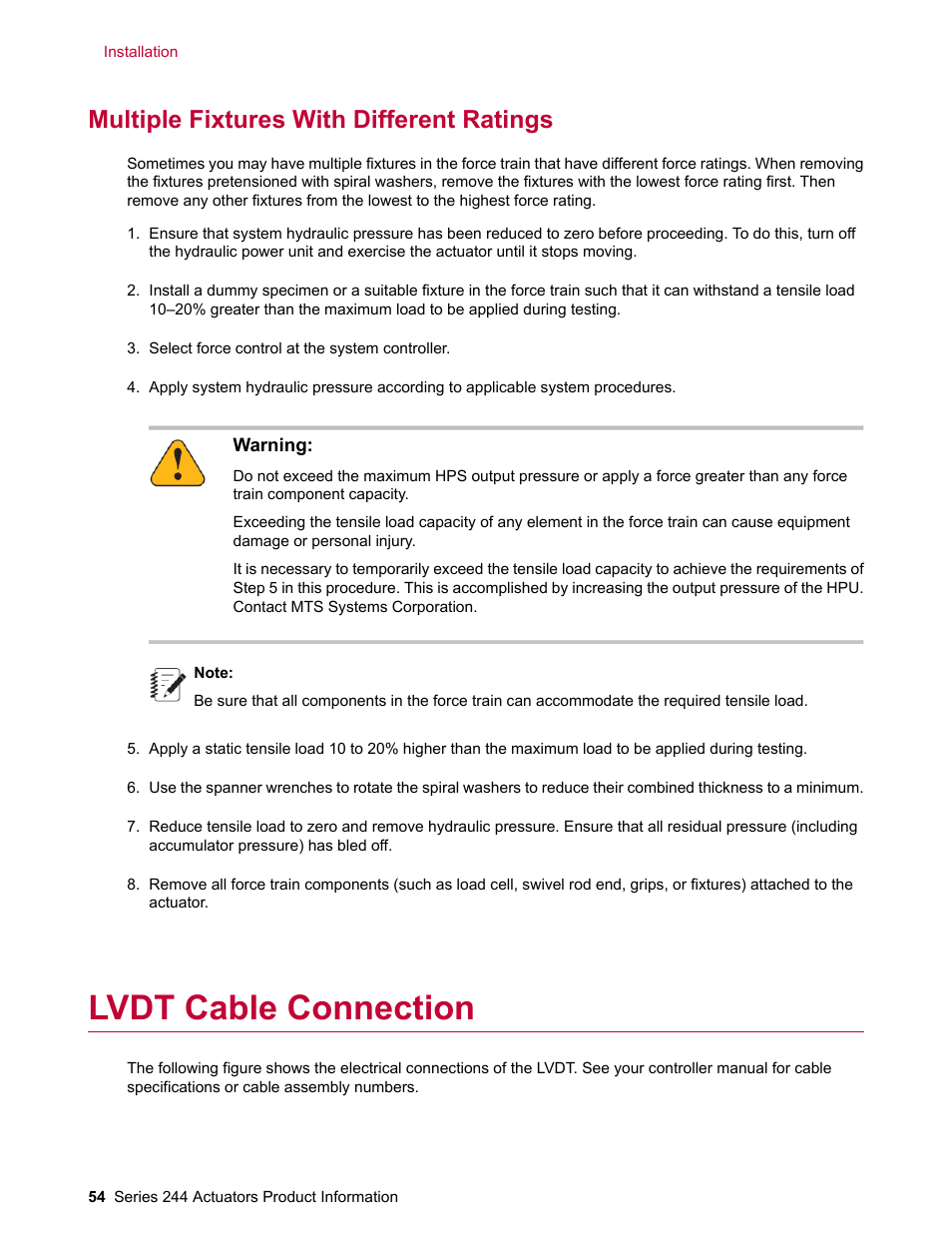 Multiple fixtures with different ratings, Lvdt cable connection | MTS Series 244 Actuators User Manual | Page 54 / 68