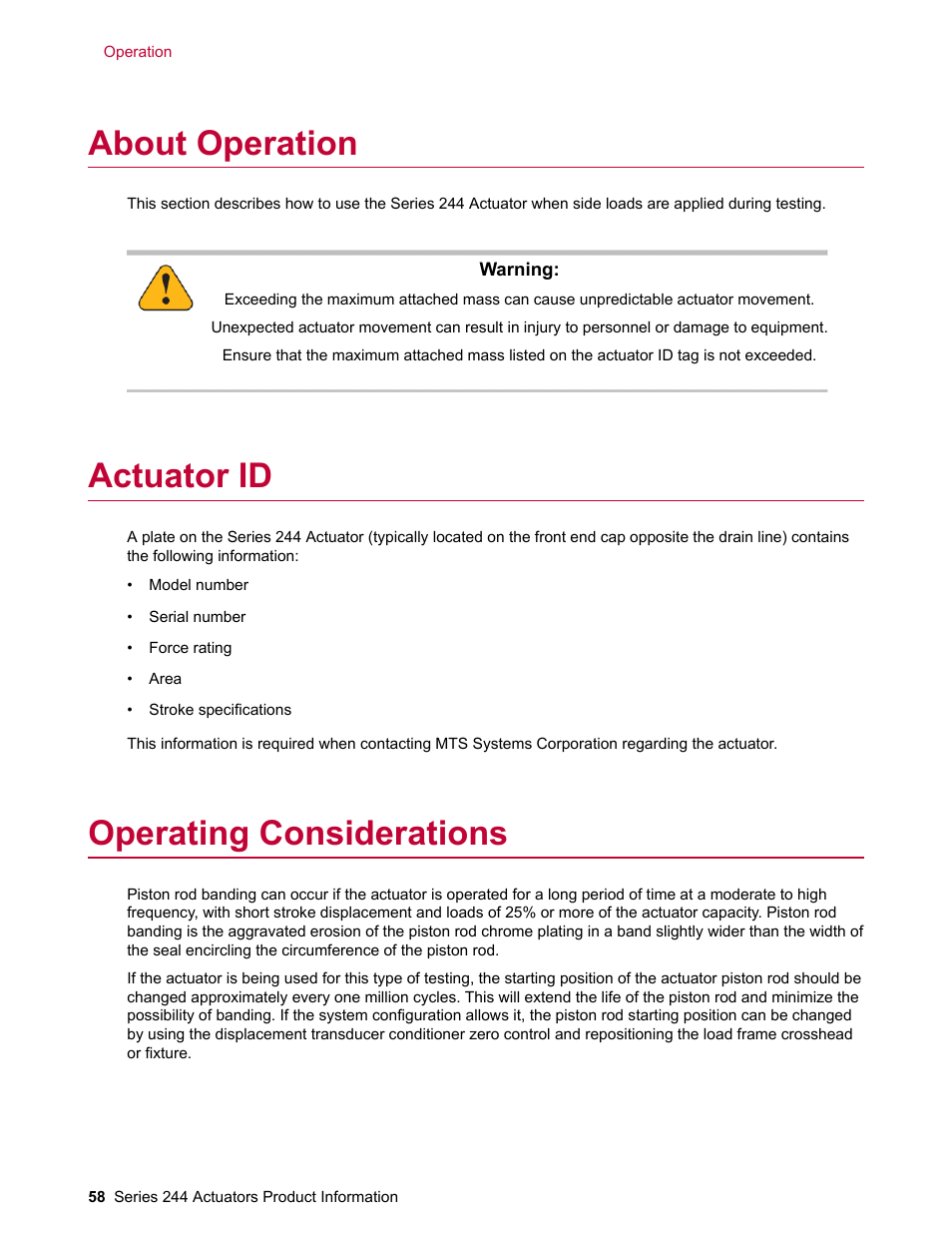 About operation, Actuator id, Operating considerations | MTS Series 244 Actuators User Manual | Page 58 / 68