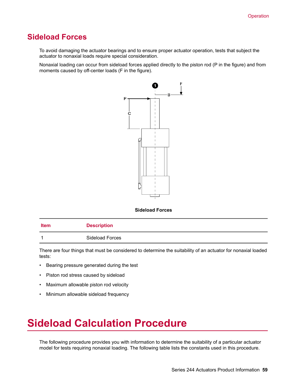 Sideload forces, Sideload calculation procedure | MTS Series 244 Actuators User Manual | Page 59 / 68