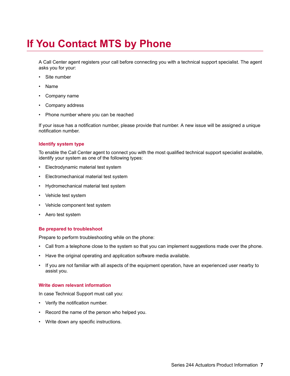 If you contact mts by phone | MTS Series 244 Actuators User Manual | Page 7 / 68