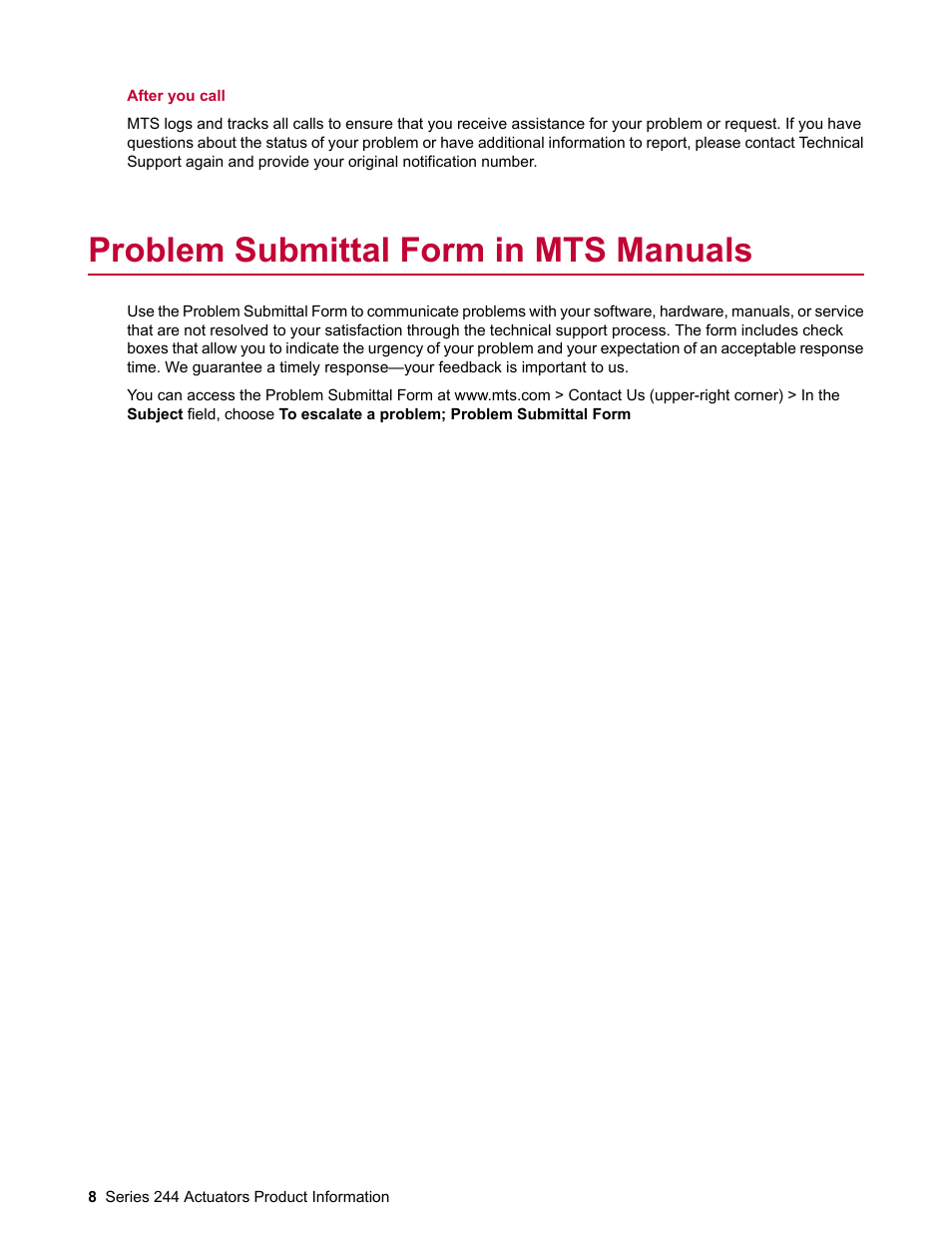 Problem submittal form in mts manuals | MTS Series 244 Actuators User Manual | Page 8 / 68