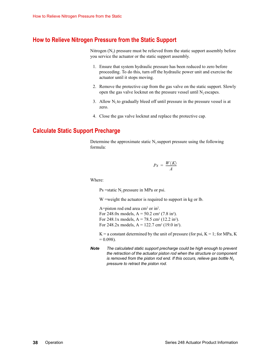 Calculate static support precharge, Calculate static support precharge 38 | MTS Series 248 Actuators User Manual | Page 38 / 46