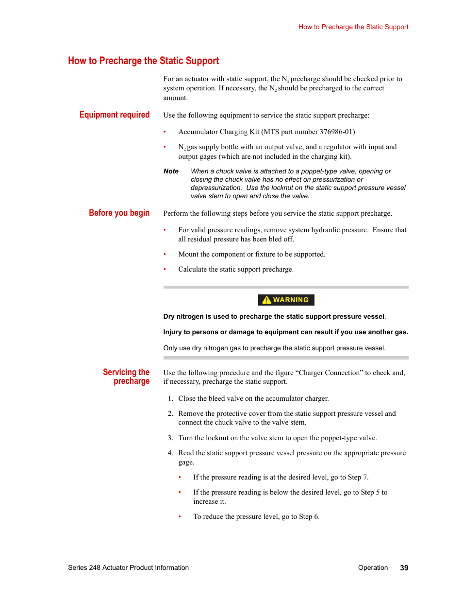 How to precharge the static support, How to precharge the static support 39 | MTS Series 248 Actuators User Manual | Page 39 / 46