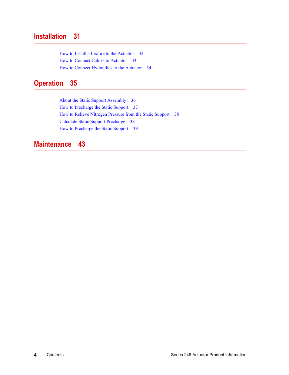 Installation 31, Operation 35, Maintenance 43 | MTS Series 248 Actuators User Manual | Page 4 / 46