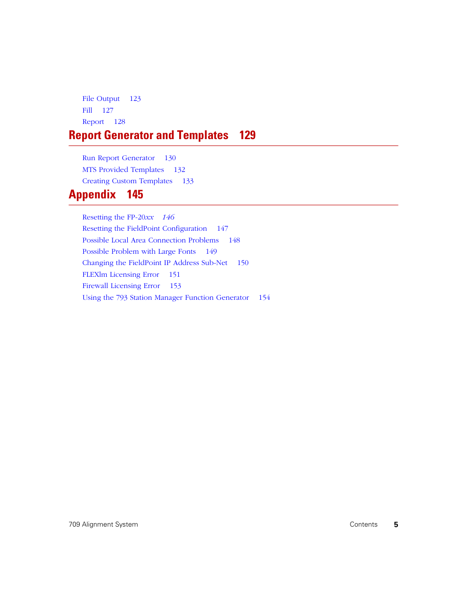 Report generator and templates 129, Appendix 145 | MTS 709 Alignment System User Manual | Page 5 / 158